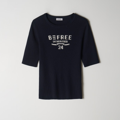 BEFREE Logo Ribbed Half Sleeve Top
